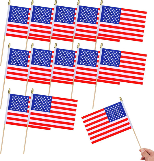 12Pcs Small American USA Flags on Wooden Stick Mini United States Flag Hand Held Flag Decorations,5x8 Inch