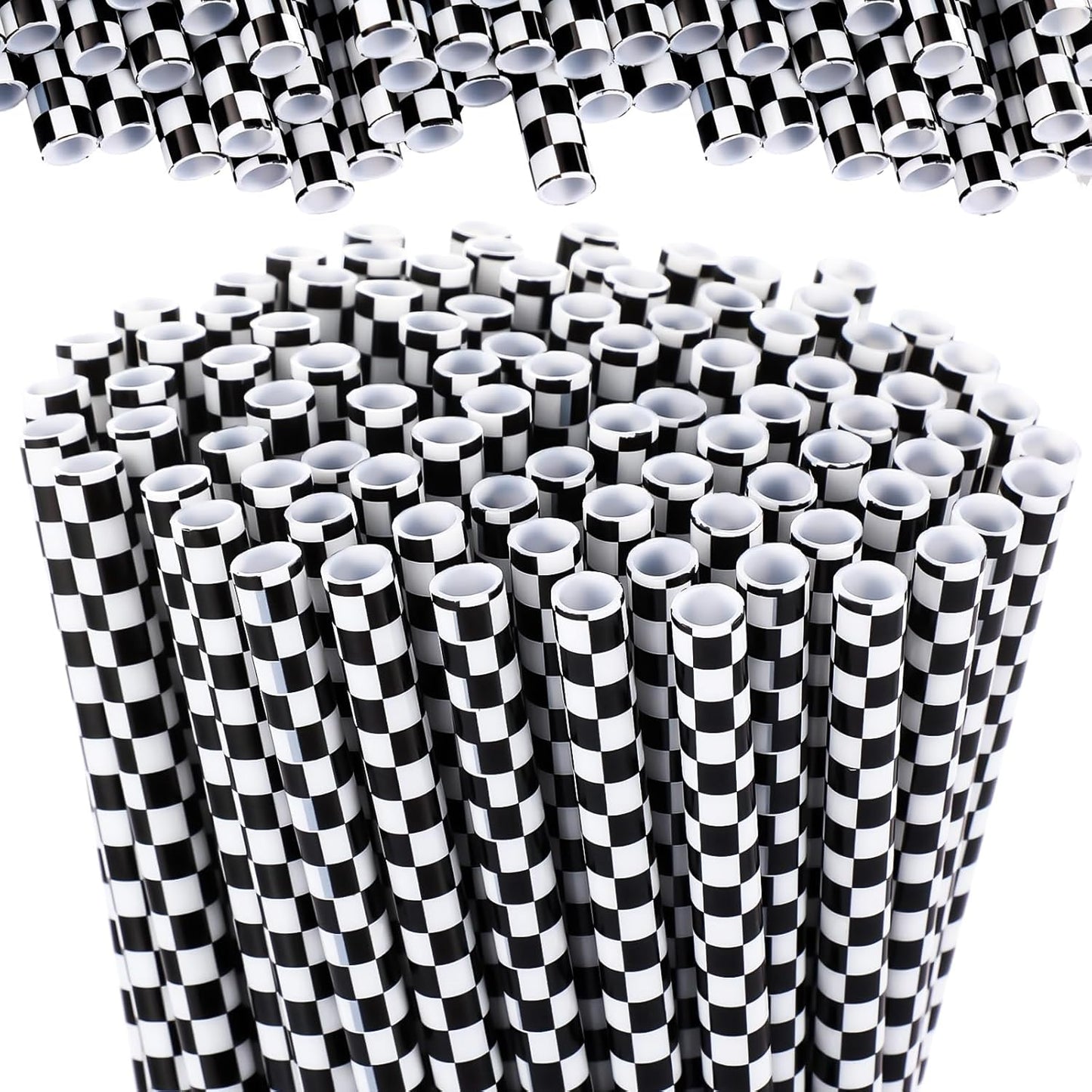 Domensi 100 Pcs Black and White Checkered Racing Straws Plastic Disposable Drinking Straws Hard Plastic Reusable Striped Flag Party Supplies for Race Car Sports Themed Birthday Decoration