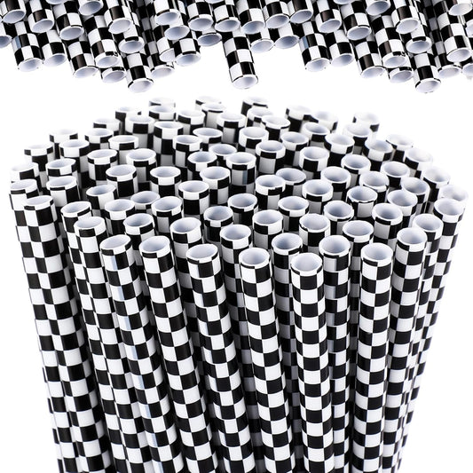 Domensi 100 Pcs Black and White Checkered Racing Straws Plastic Disposable Drinking Straws Hard Plastic Reusable Striped Flag Party Supplies for Race Car Sports Themed Birthday Decoration