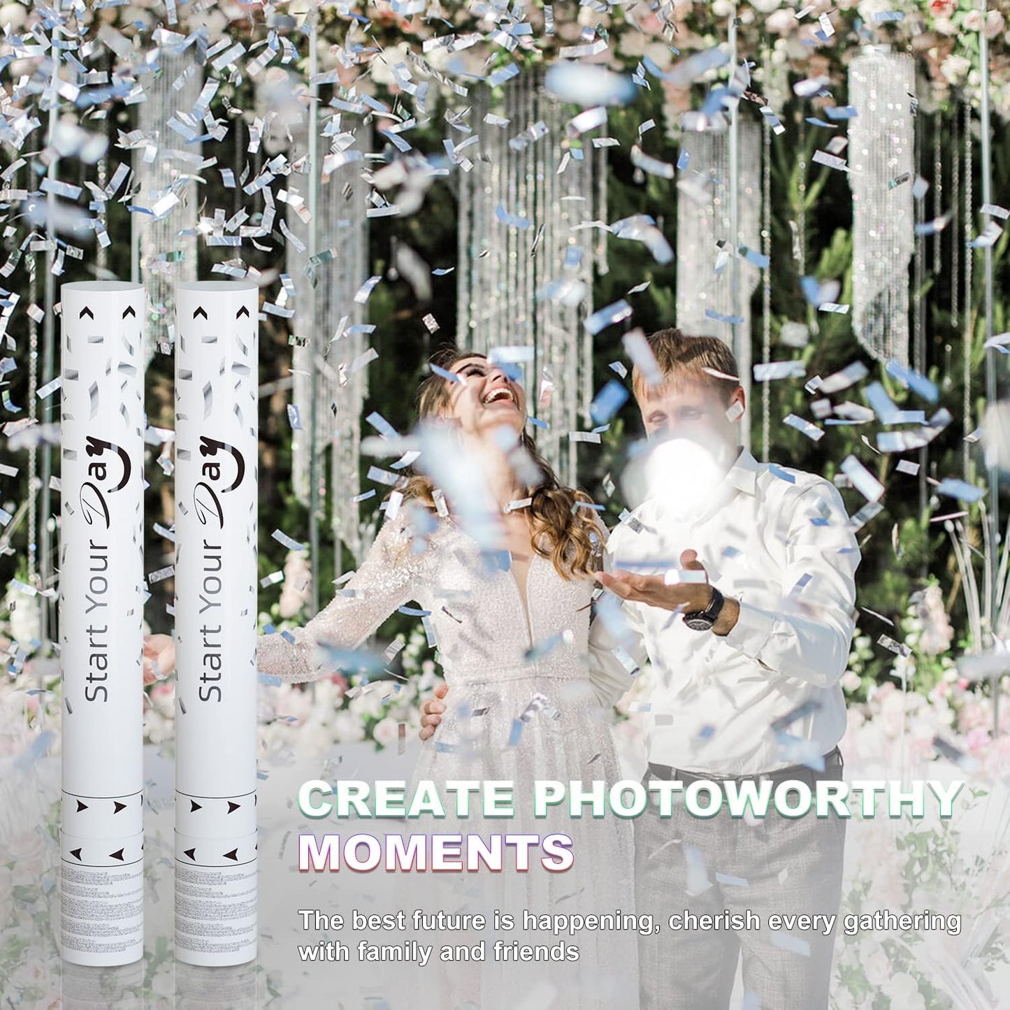 confetti Cannons, 15 Inch+Longer Confetti Shooters Party Poppers, WORKKEEP Silver Confetti Popper Air Powered for Birthday Wedding Celebration Photo Shoot New Year's Eve confetti Gun