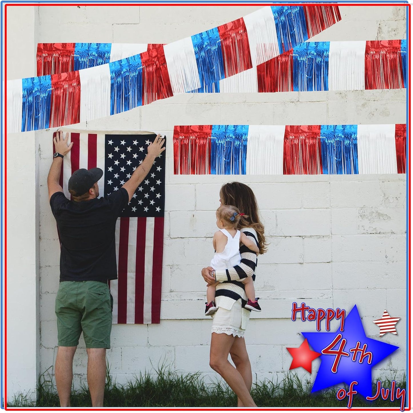 4 Pack 10 Feet Foil Fringe Garland Metallic Tinsel Streamers Banner Wall Hanging Fringe Backdrop Banner for Parade Floats Wedding Birthday Party Decoration (Royal Blue Red White)