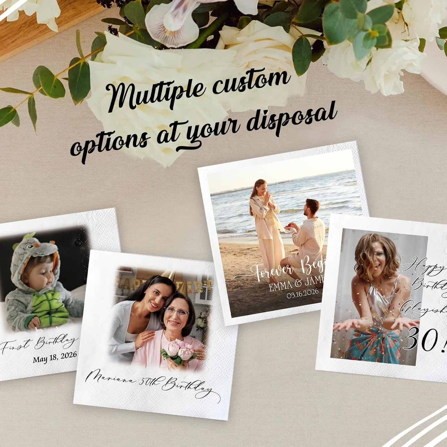 Personalized Custom Napkins: 50 Personalized Printed Napkins, 3 Ply, Custom Cocktail Napkins - Imprinted with Your Logo, Photo or Any Design You Want (white)