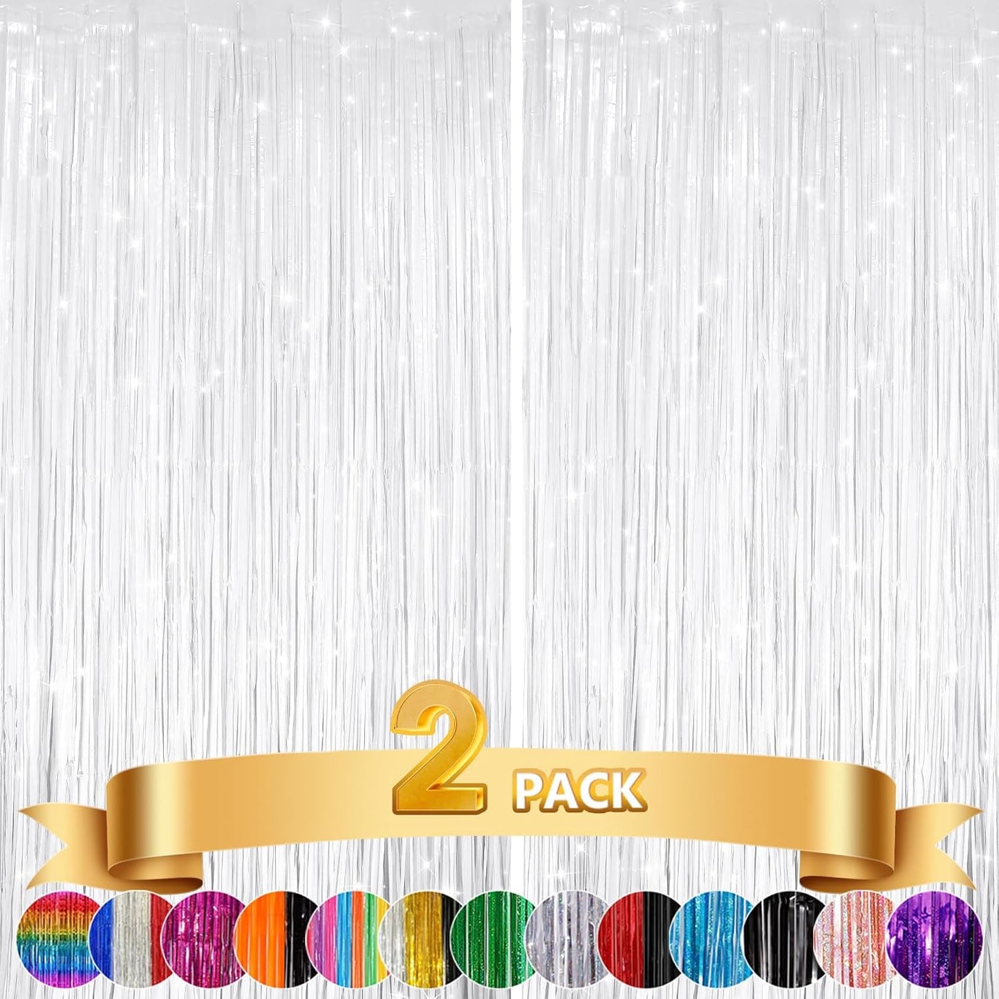 2Pack White Metallic Tinsel Foil Fringe Curtains, White Streamer Backdrop Curtains for Birthday Party Decorations, Fringe Backdrop for Wedding Foil Curtain Backdrop for Bachelorette Party Disco Party