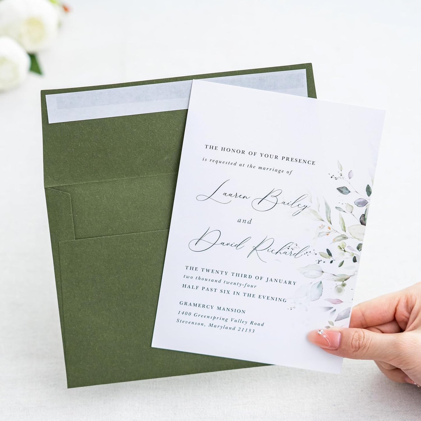 PONATIA 50 PCS 5x7 Envelopes, Olive Green Self- Adhesive A7 Envelopes for Weddings, Invitation Cards, Photos, Postcards, Greeting Cards Mailing, Baby Shower, Graduation, Christmas Gift Cards