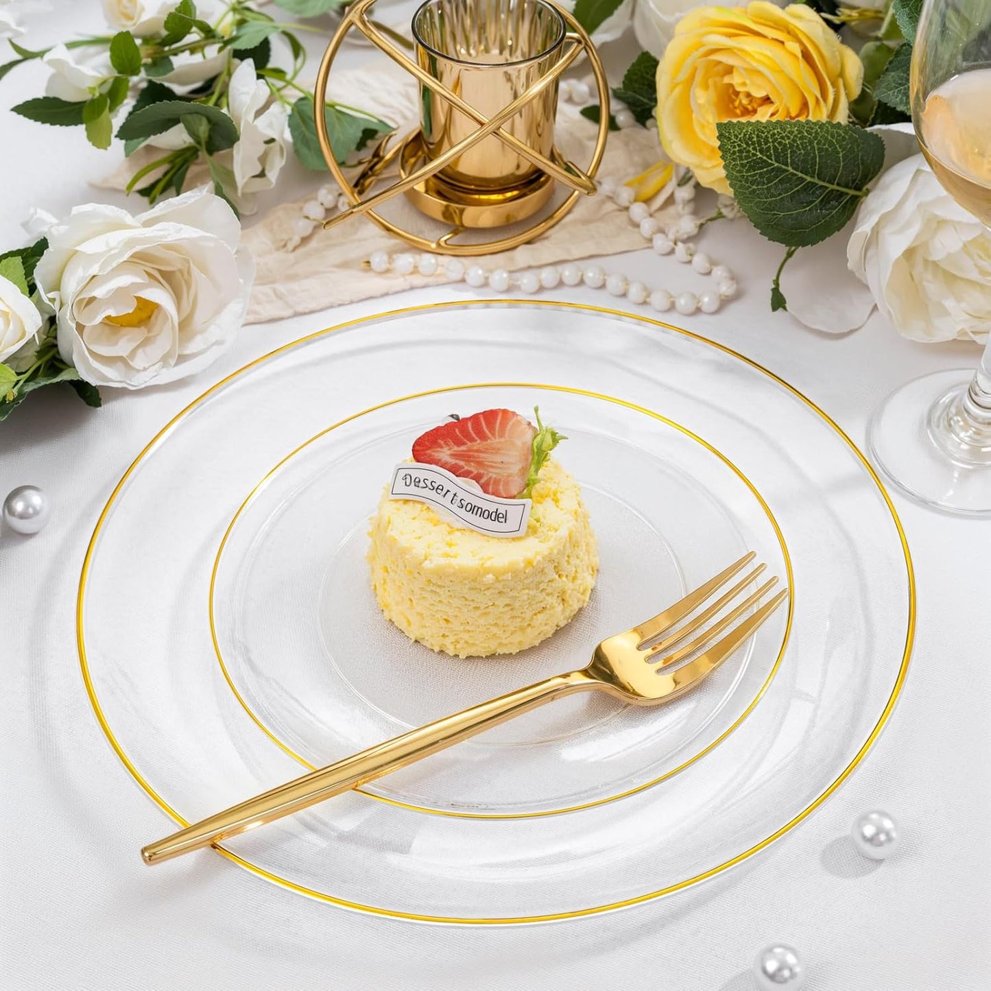 bUCLA 200PCS Clear and Gold Plastic Plates - Clear Disposable Plates with Gold Rim, Includes 100 PCS 10 inch Dinner Plates and 100 PCS 7 inch Dessert Plates for Party&Wedding