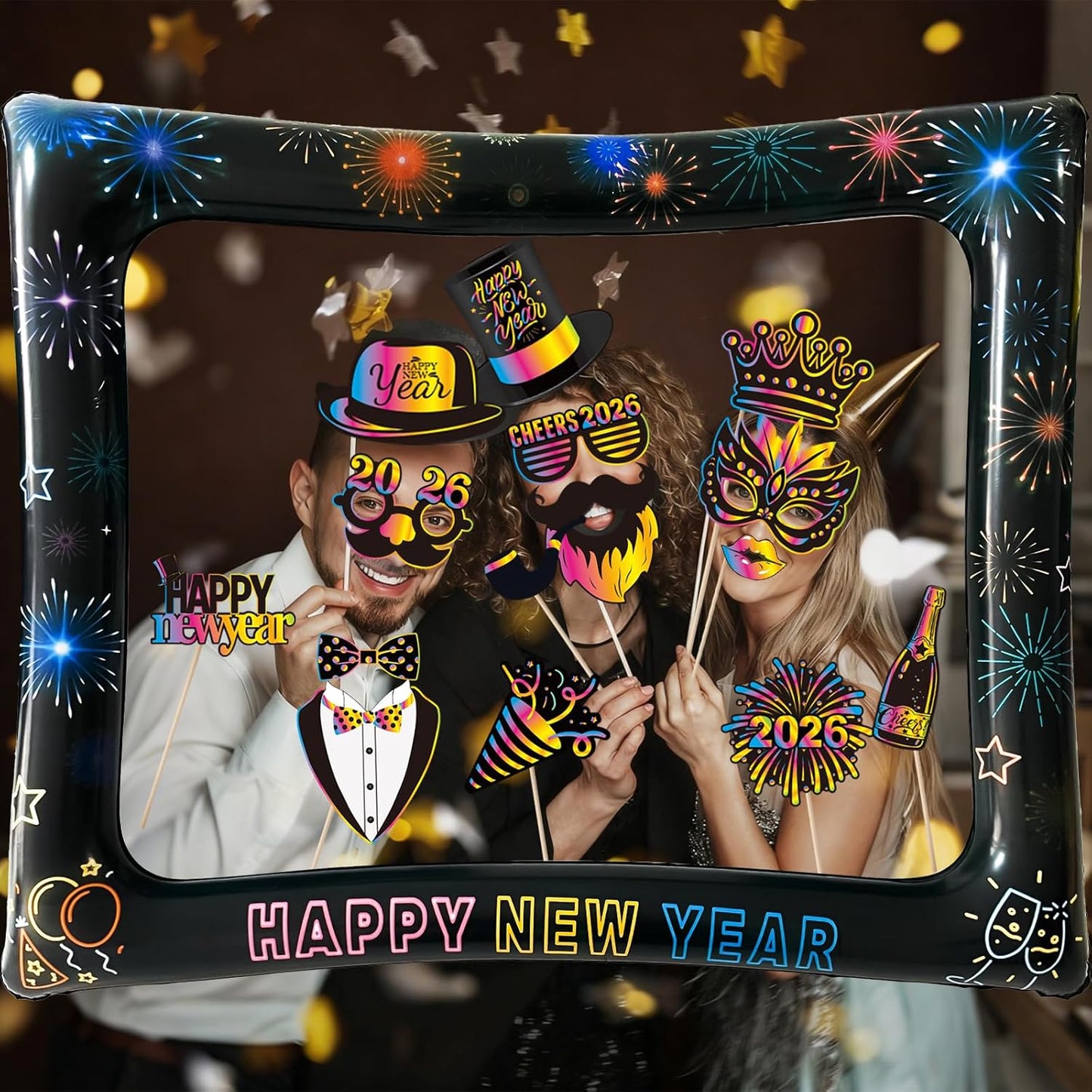 2026 New Year Photo Booth Inflatable Frame Kit, 30Pcs Colorful Neon New Years Photo Booth Props with Inflatable Picture Frame for New Year Eve Party Selfie Props Supplies