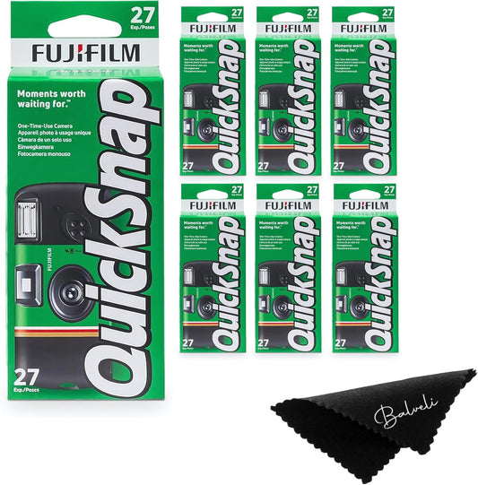 Fuji Film Quicksnap Flash Disposable Camera 400 Iso, 6 Pack, 35mm 27 Exp,with Balveli Coth, Fuji Film Disposable Camera Bulk, 6 Pack of Fuji Disposable Cameras.