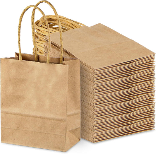 SPERPAND 50Pcs Kraft Paper Bags Mini Size - 6.5" Small Brown Paper Gift Bags with Handles, Party Favor Bag for Birthday, Wedding, Christmas, Baby Shower, Candy Bag