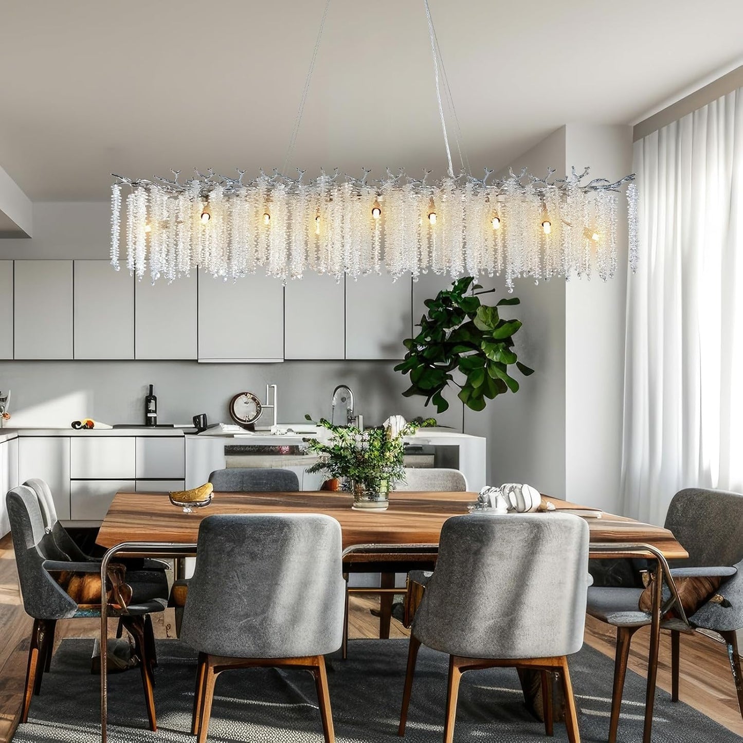 YUYI Modern Crystal Chandelier, 60" Silver Tree Branch Chandelier for Dining Room, Large Rectangular, Luxury High Ceiling Light Fixture for Living Room, Kitchen, Foyer