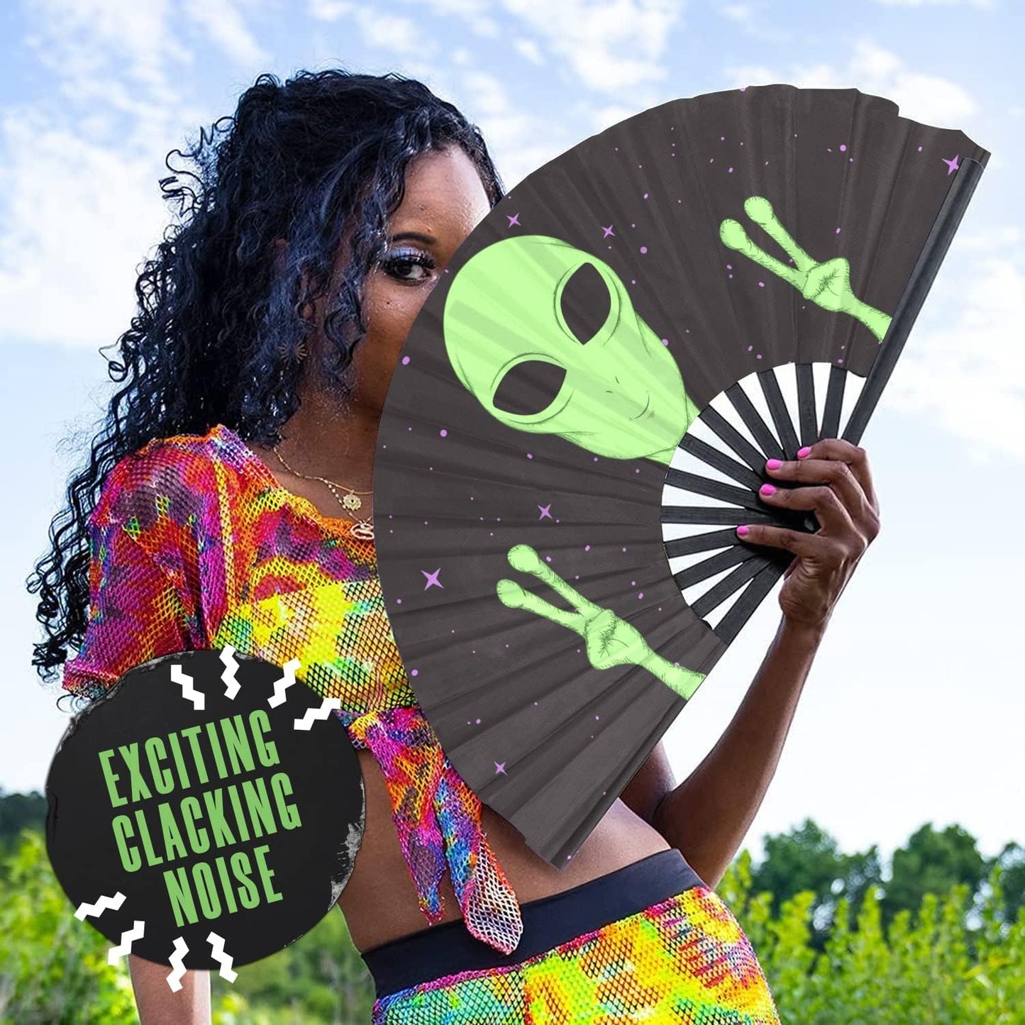 GloFX Folding Fan - Alien - Large Rave Clack Folding Hand Fan for Men/Women - for EDM, Music Festival, Club, Event, Party, Dance, Performance, Decoration, Gift