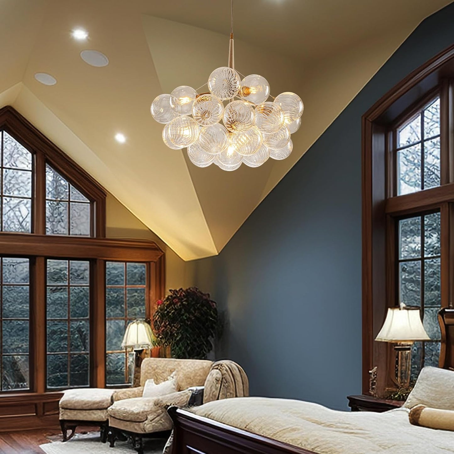 Mid-Century Bubble Globe Chandelier, White and Gold 6 Lights Dia 24" Swirled Glass Chandeliers for Bedroom, Study, Kitchen Island, Dining Room