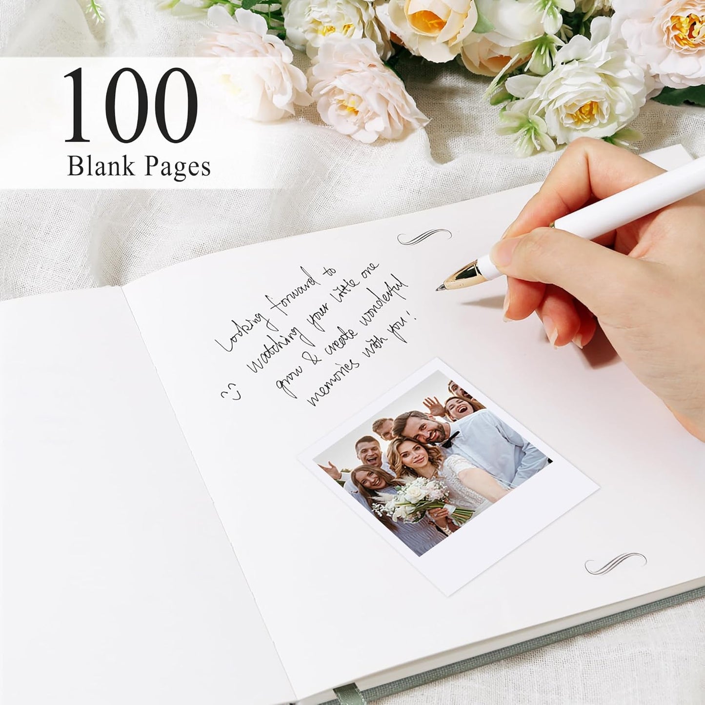 SUNEE Wedding Guest Book - Polaroid Guest Book Weddings Reception, Linen Cover 7" x 9" Guest Book for Baby Shower, Birthdays and Special Events, 100 Blank Pages for Wedding Sign in and Photos, Green