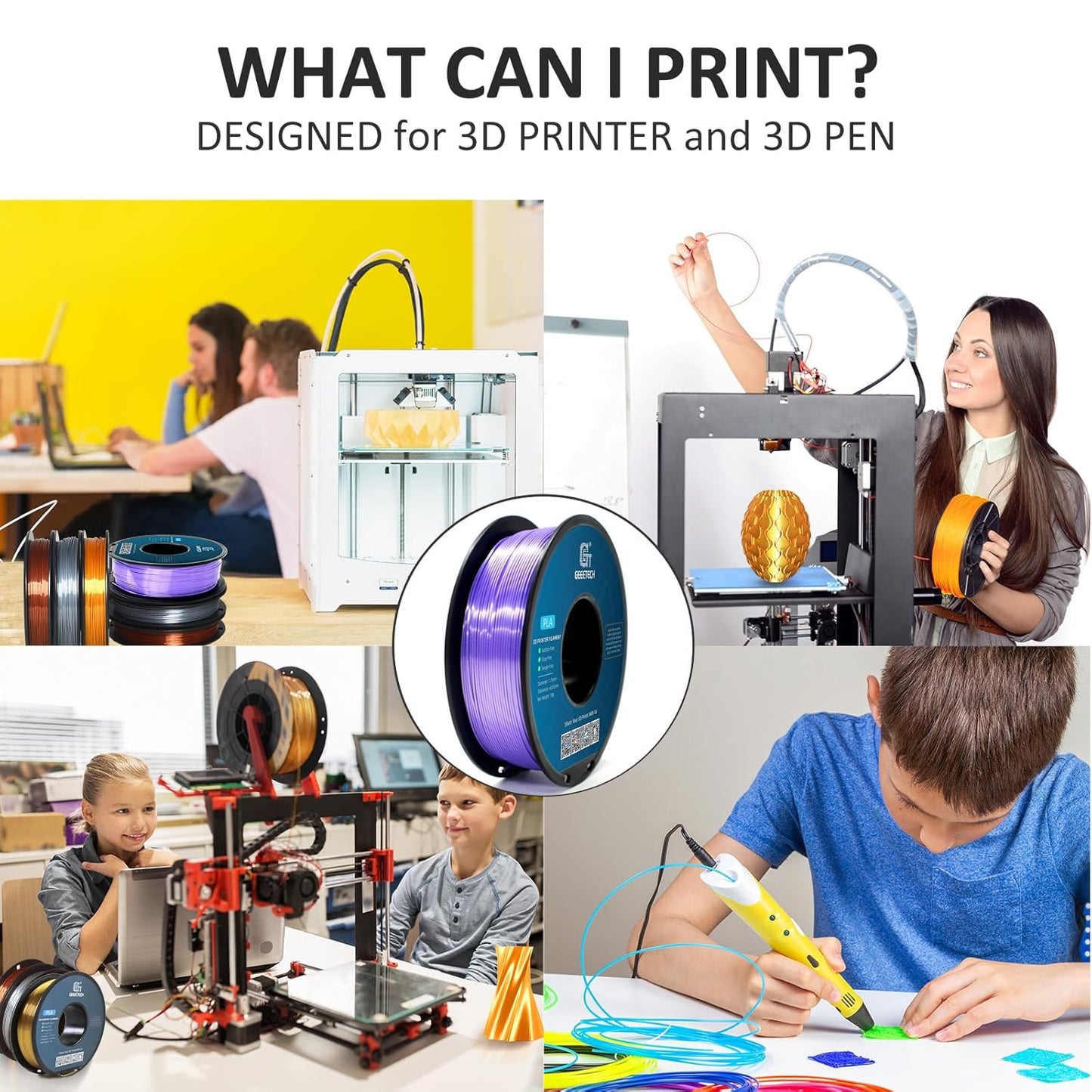 Geeetech Purple Silk PLA Filament 1.75mm for 3D Printer, Metal-Like Shiny 3D Filament 1kg (2.2lbs) 1 Spool, Dimensional Accuracy +/- 0.02 mm, Metallic Purple