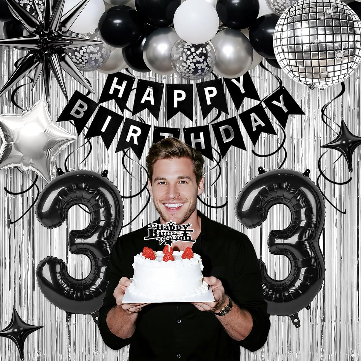33rd Birthday Decorations for Men Women, Black Silver Happy Birthday Party Decorations， 33 Year Old Party Supplies with Number 33 Balloons, Banner, Fringe Curtains Kit