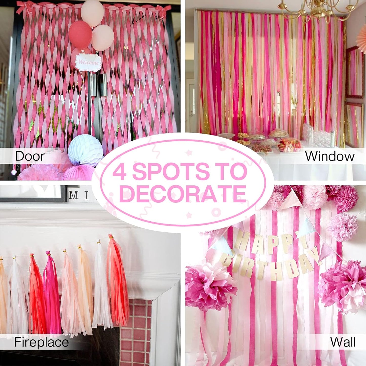 PartyWoo Crepe Paper Streamers 4 Rolls 328ft, Pack of Hot Pink Crepe Paper for Party Decorations, Wedding Decorations, Birthday Decorations, Baby Shower Decorations (1.8 Inch x 82 Ft/Roll), Pink-9581