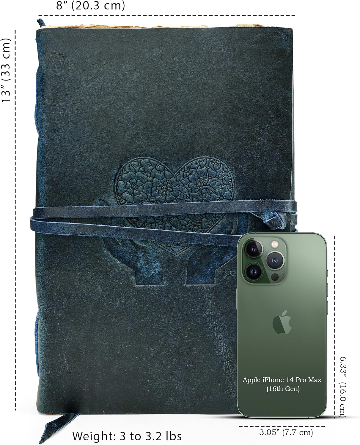 LUXEORIA Heart Journal for Women and Men, Handcrafted Leather Journal for Writing Womens, Sketchbook, Travel Diary with Unlined Deckle Paper, Dark Blue 8x13