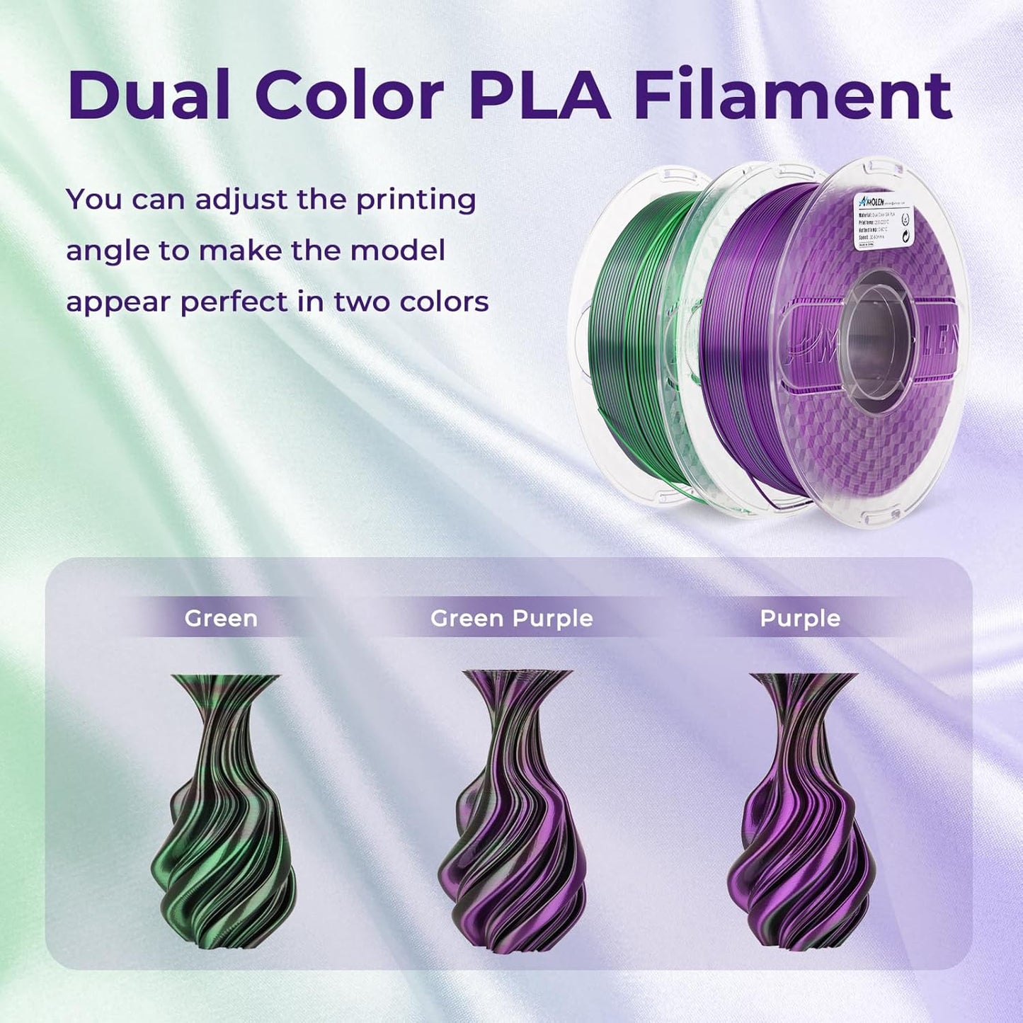 AMOLEN Silk PLA 3D Printer Filament, Dual Color Purple Green PLA 1.75mm, Shiny Color Change Filament 3D Printing PLA Filament for Most FDM 3D Printer, 1kg Spool(2.2lbs)
