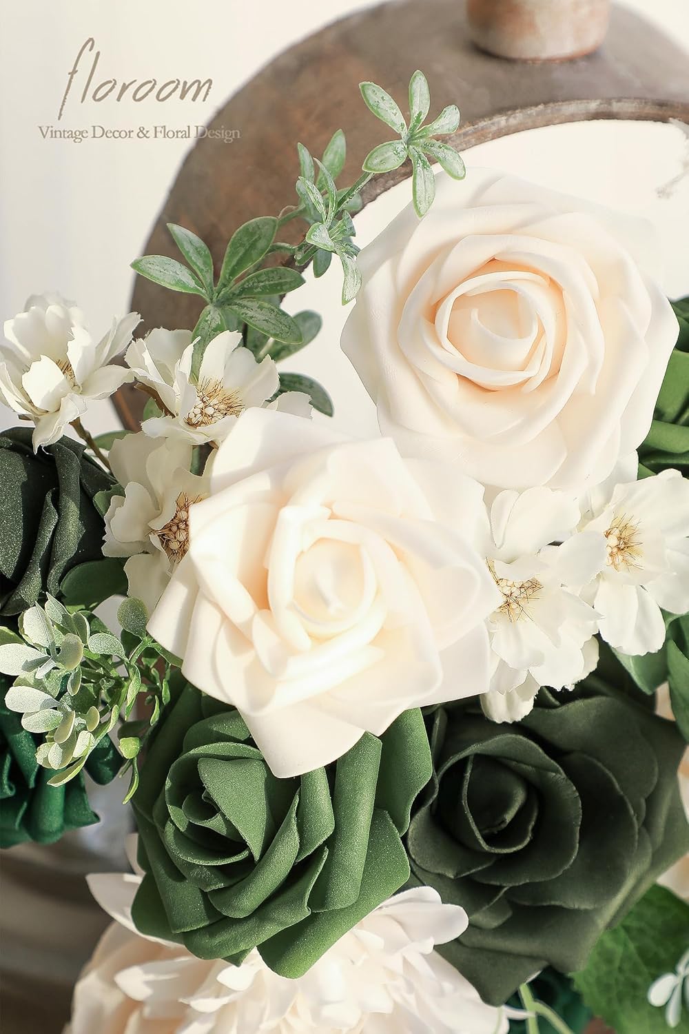 Floroom Olive Green Artificial Flowers Forest Green Fake Roses Peonies Dahlia Greenery Combo Box Set for DIY Wedding Bouquets Bridal Shower Centerpieces Floral Arrangement Party Tables Home Decoration