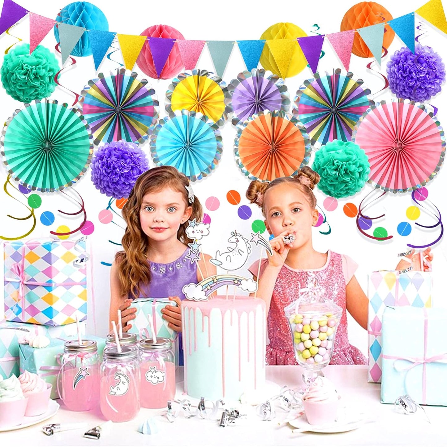 Colorful Hanging Paper Fan Party Decorations, Birthday Decorations Supplies for Women and Men, Fiesta Rainbow Colorful Fans Paper Flowers Tissue Pom and Favors Streamers Banner Decor for Adults Kids