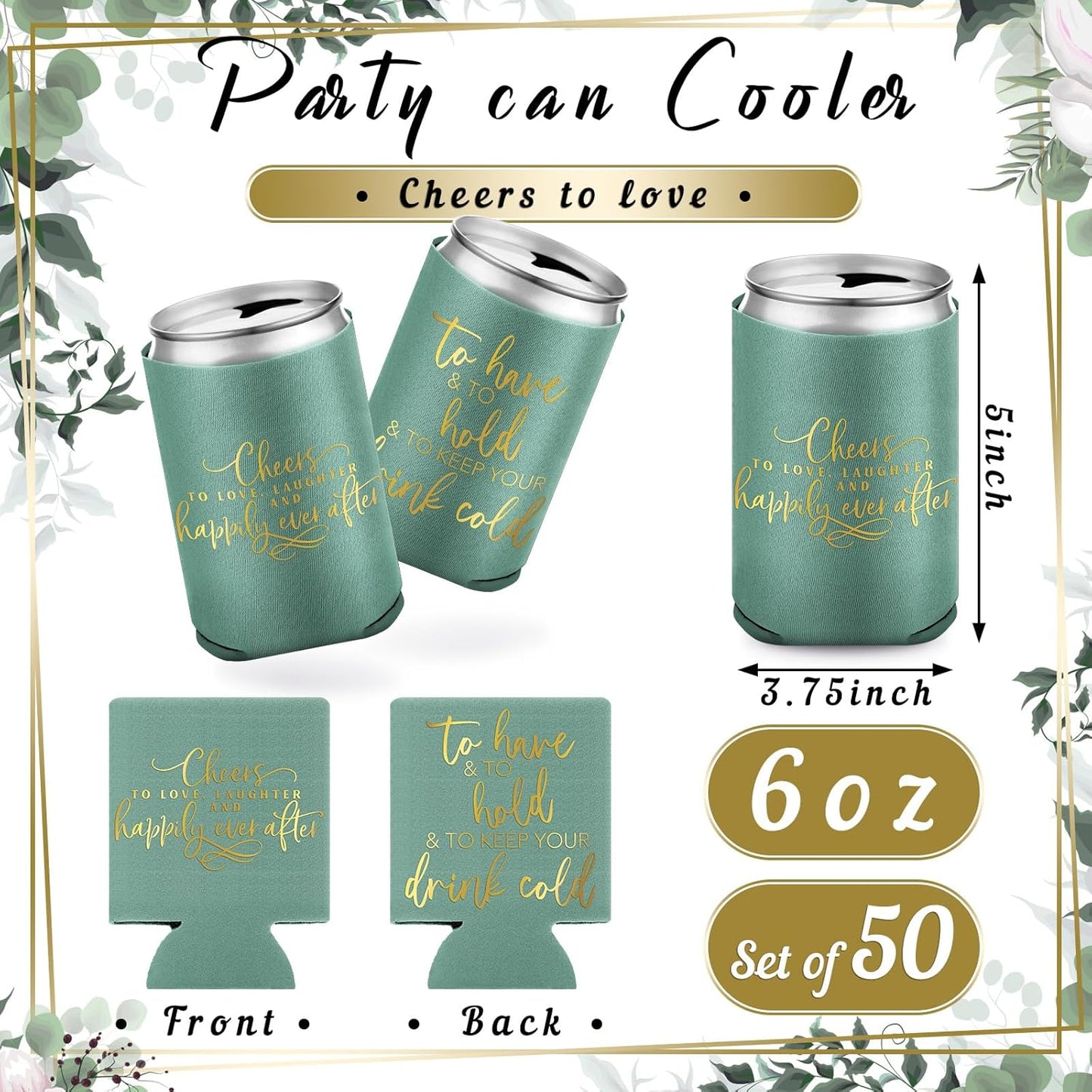 50 Pieces Green Wedding Can Cooler Bulk Engagement Party Favors for Guests Cheers to Love Laughter and Happily Ever After Rehearsal Dinner Decorations for Wedding Bridal Party