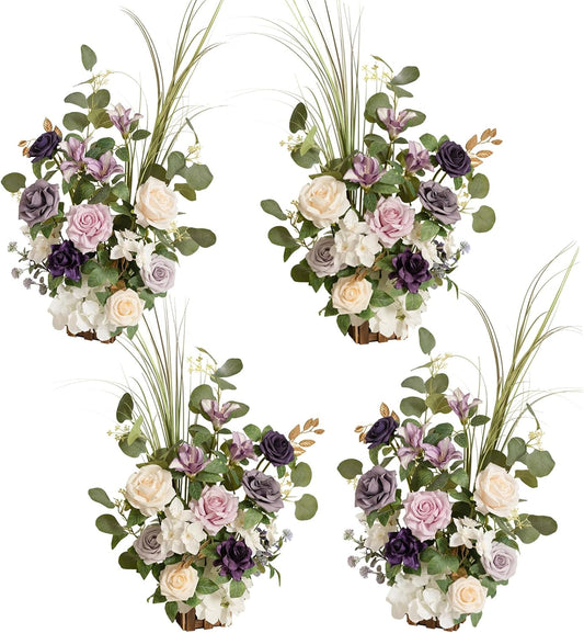 Ling's Moment 17.5" Tall Standing Artificial Flowers Arrangements 4 pcs Wedding Aisle Runner Chair Decorations Lilac & Gold Centerpieces for Ceremony Reception Rose Floral Party Outdoor Decor