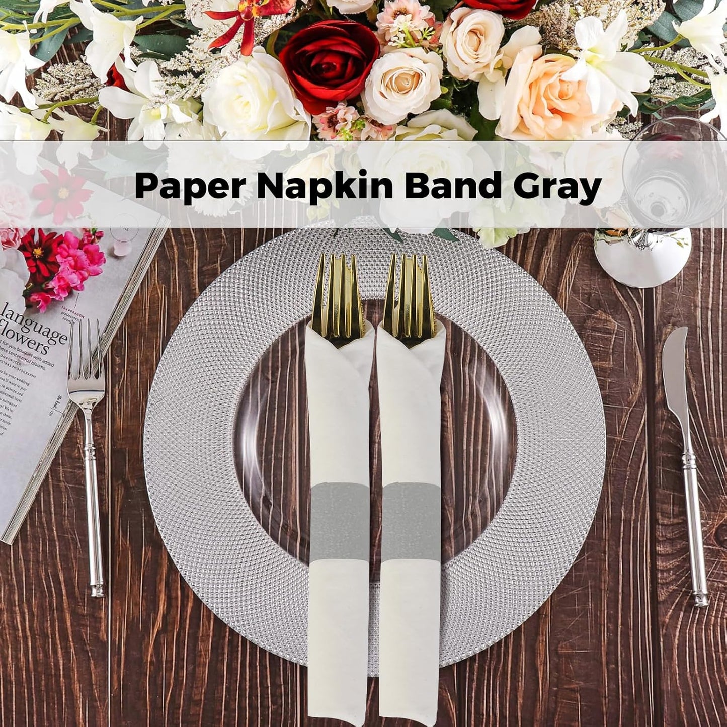Germiwipe Gray Paper Napkin Bands Box of 500,Napkin Rings Self Adhesive,Silverware Wraps Bands,Perfect for Birthday Parties, Weddings, Family Reunion & Events(Gray - 500 PCS)