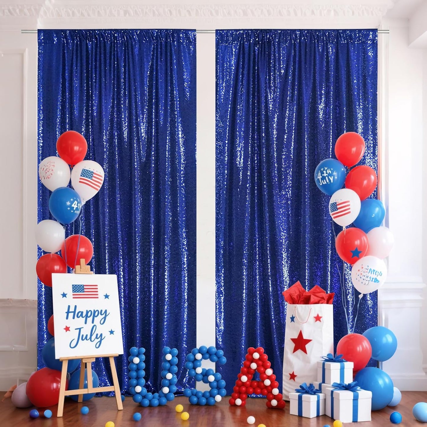 SquarePie Sequin Backdrop Curtain 8FT x 10FT Navy Blue Satin Backing Fabric Photography Background for Wedding Patry 4FT x 10FT 2 Panels