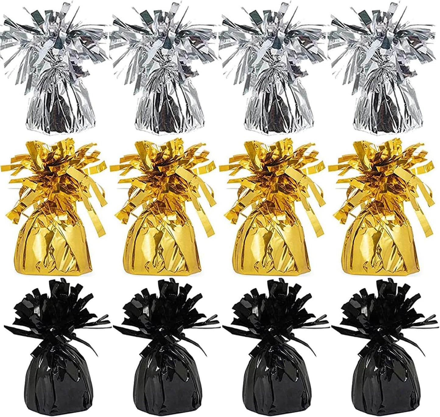 Metallic Balloon Weights, Birthday Party Favors, Novelty and Gag Gifts, 5.5" Inches, 12-Pack (Black/Gold/Silver)