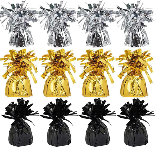 Metallic Balloon Weights, Birthday Party Favors, Novelty and Gag Gifts, 5.5" Inches, 12-Pack (Black/Gold/Silver)