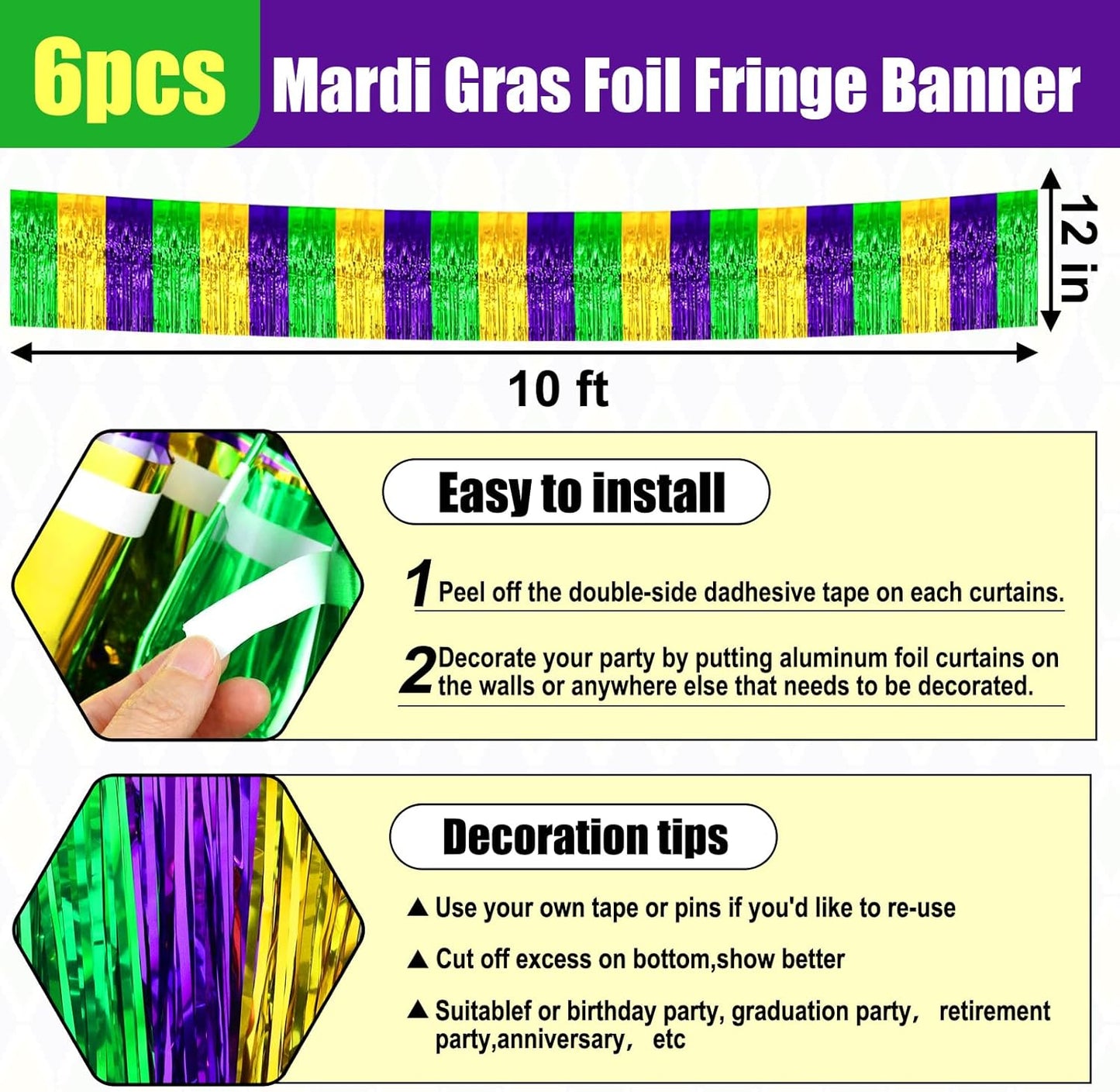 6 Pack 10 Feet Gold Green Purple Foil Fringe Garland Metallic Tinsel Streamers Banner Wall Hanging Curtain Backdrop for Parade Floats, Birthday, Graduate, Mother's Day, Wedding Party Decoration