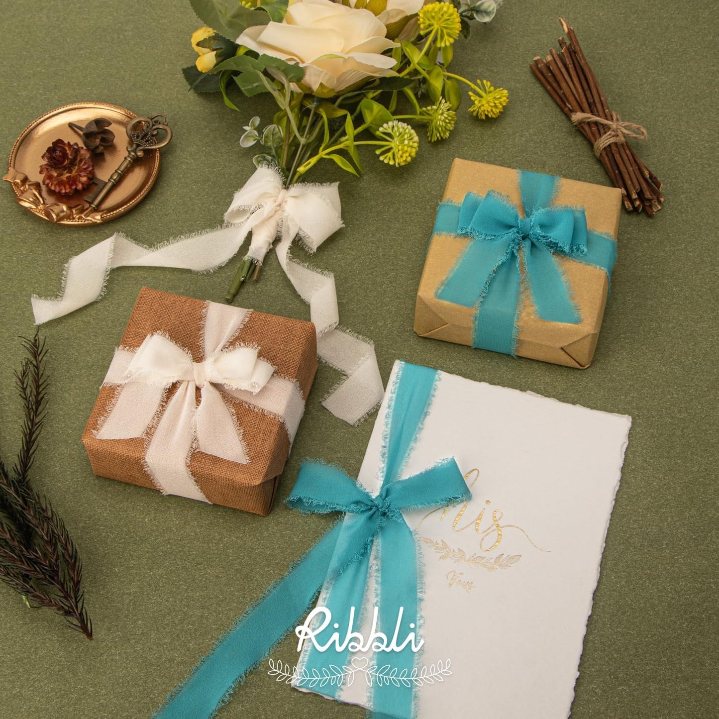 Ribbli Cream White Ribbon 1 Inch x 3 Rolls Total 24 Yards Cream Handmade Fringe Chiffon Silk Ribbon for Wrapping Wedding Invitations Bridal Bouquets DIY Crafts Home Decor