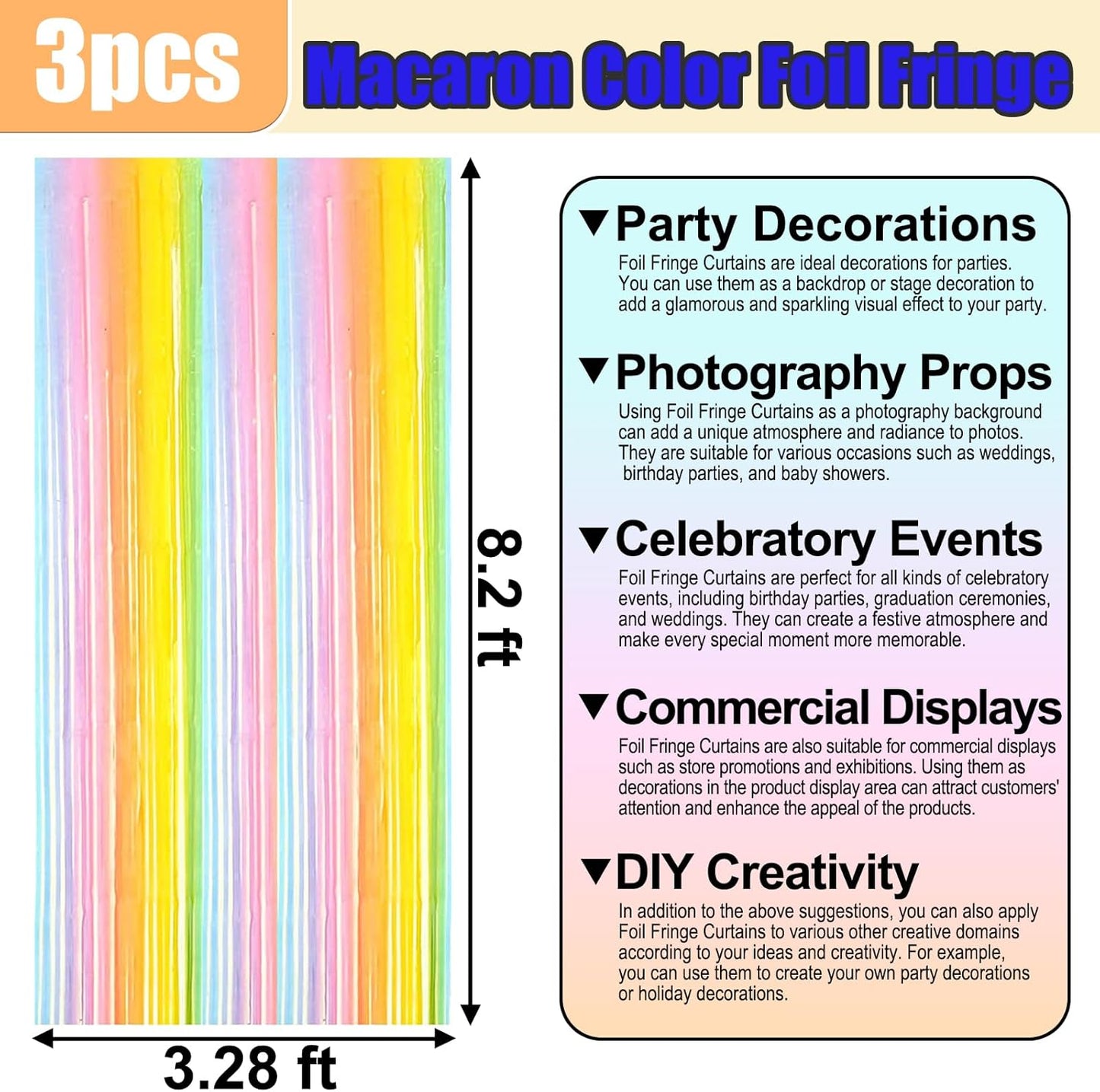 3 Pack Rainbow A Foil Fringe Curtain Backdrop, 3.28Ft x 8.2Ft Metallic Tinsel Foil Fringe Streamer Curtains for Photo Booth, Christmas Day, Thanksgiving, Wedding, New Year Party Decorations