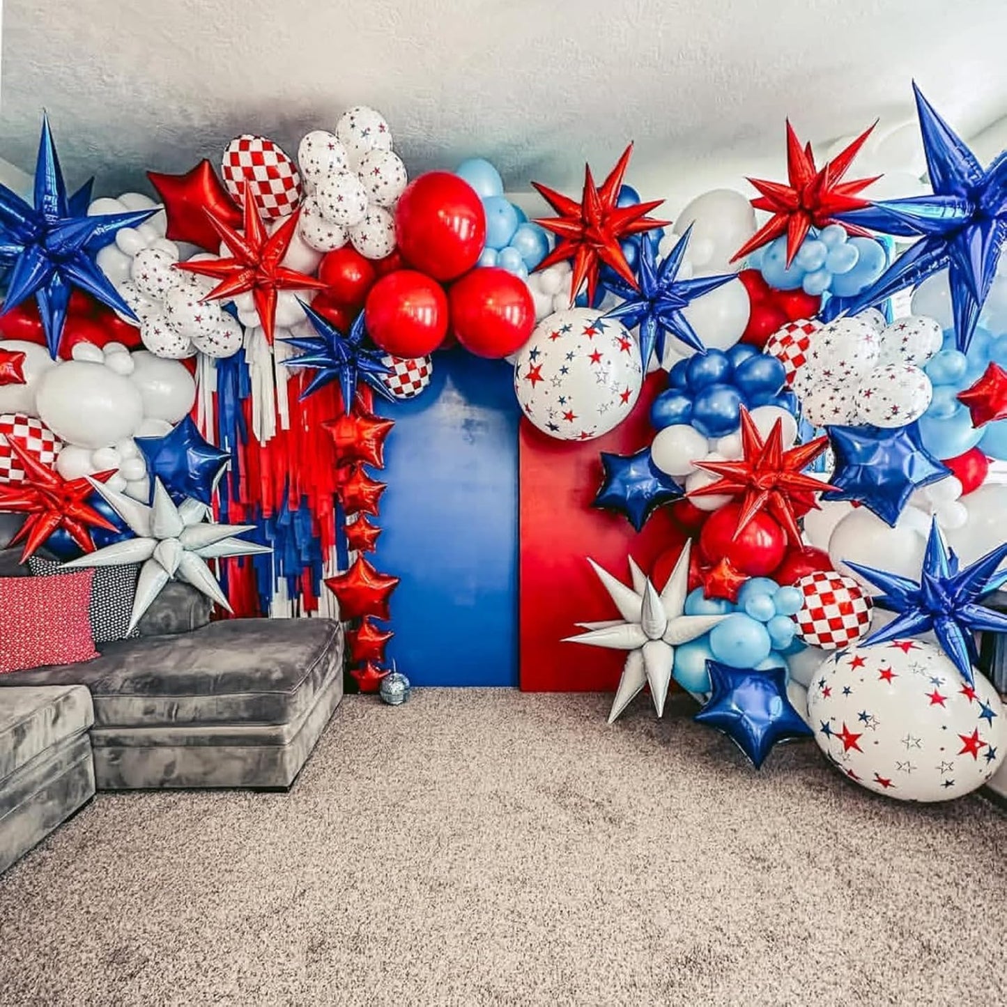 Red Blue Silver Star Balloons 12pcs, 27/22 Foil Inch Star Explosion Balloons, Large Spike Mylar Cone Balloon, Fireworks Shape Balloon Decor for 4th of July Nautical Birthday Patriotic