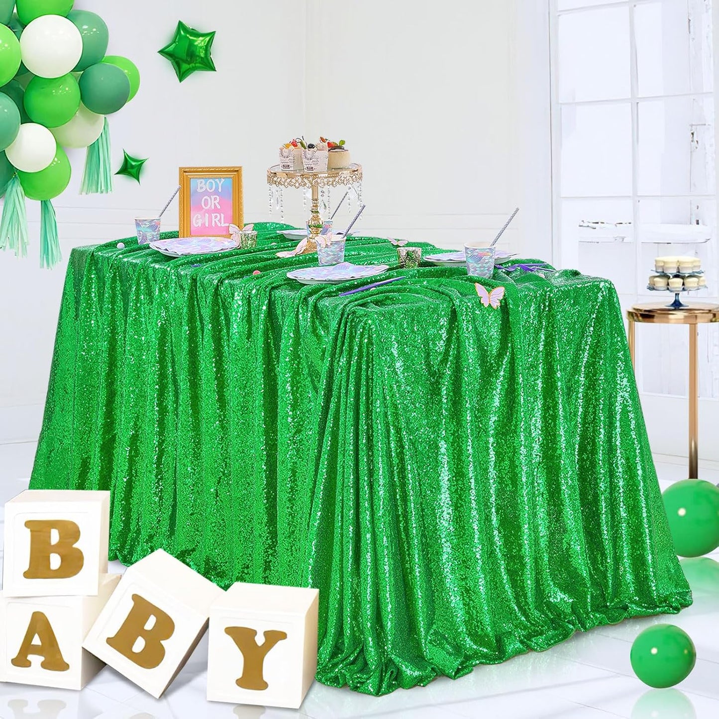 QueenDream 60x102 Inches Green Table Clothes for Parties Birthday Wedding Sequin Tablecloth Cake Table Holiday Banquet Decoration