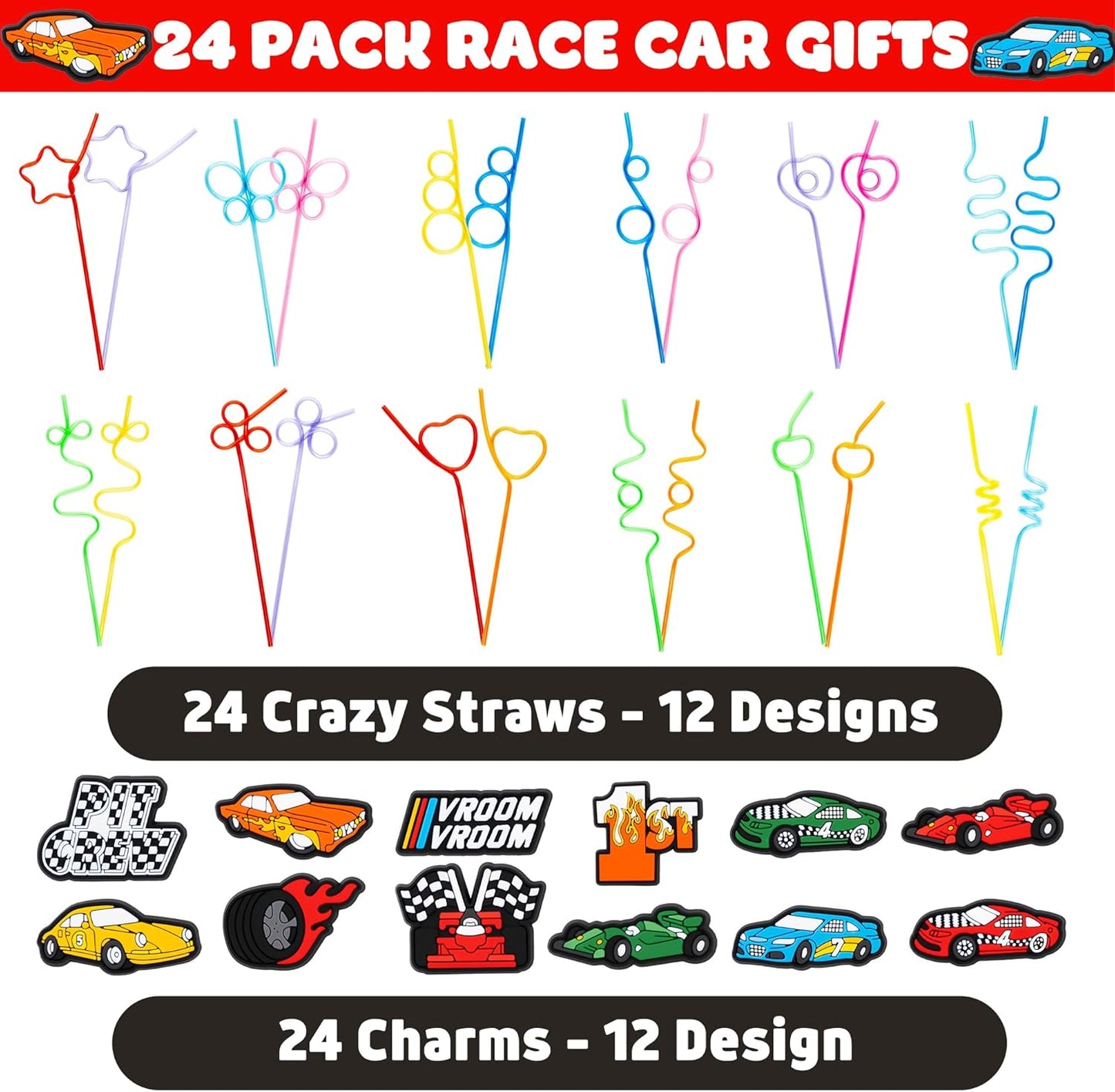 24 PCS Race Car Drinking Crazy Straws for Kids Racing Pit Crew Checkered Flag Race Car Themed Birthday Party Supplies Favors Decorations with 24 PVC Cute Charm, 2 Cleaning Brushes Reusable Straw