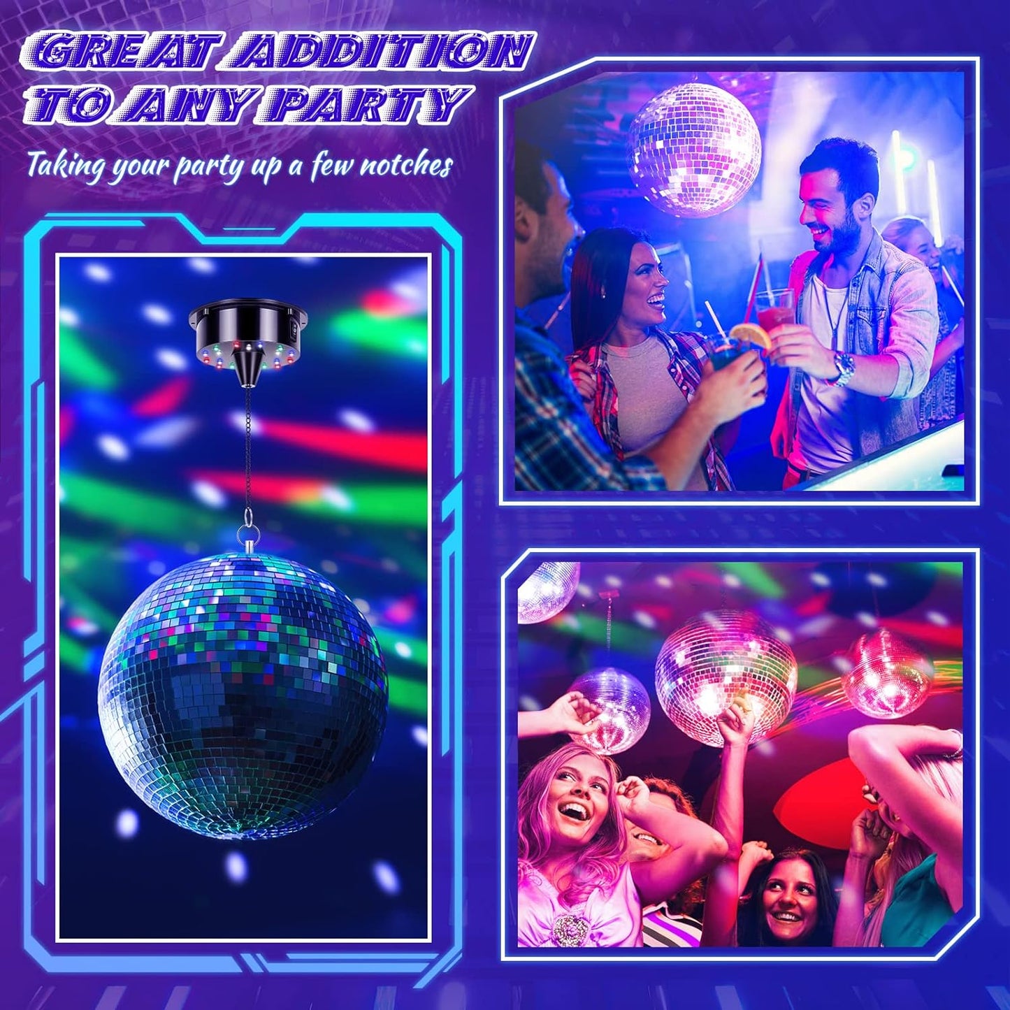 Disco Ball with Motor and Light, 8" Hanging Mirror Ball and 6RPM Batteries Powered Rotating Motor with 4 Light Colors and 18 LEDs for Disco Party Decoration, DJ Club