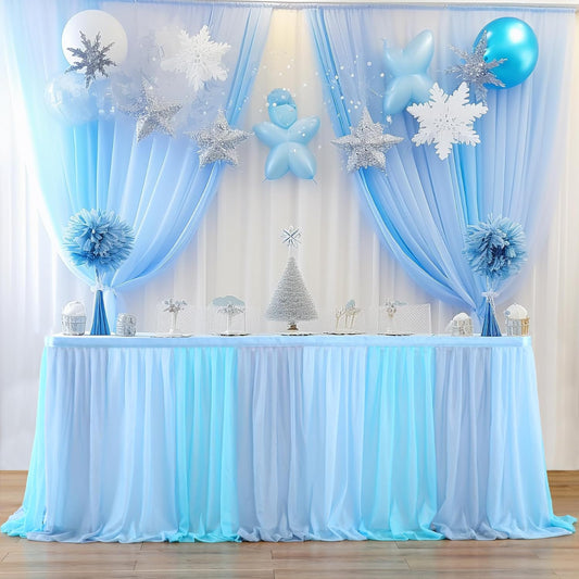 Frozen Theme Party Tulle Table Skirt for Rectangle Tables 6ft Ocean Blue Ruffle Tutu Table Cloth Cover for Winter Wonderland Baby Shark Baby Shower Birthday Party Wedding Decorations