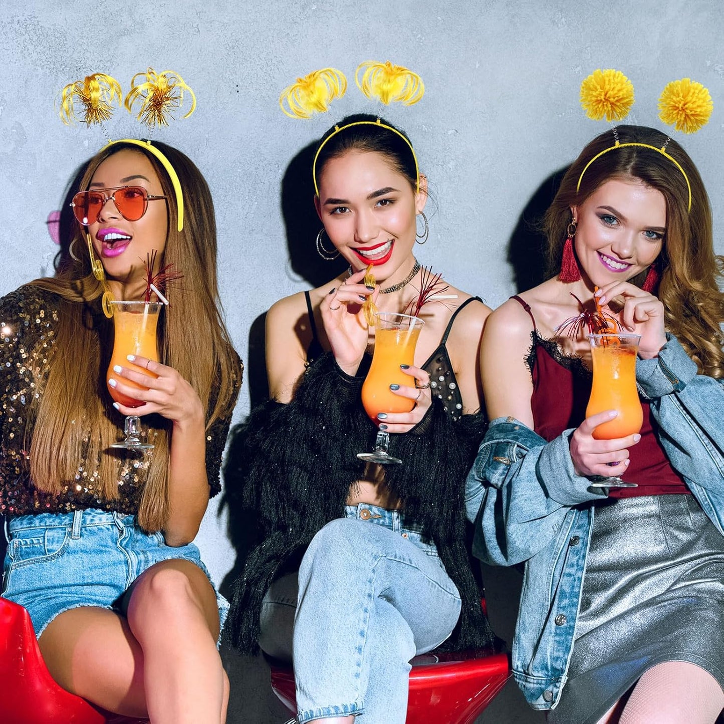 Censen 12 Pcs Halloween Pom Pom Party Headbands Tinsel Ponytails Spirit Head Bopper Headwear for Christmas Birthday Holiday