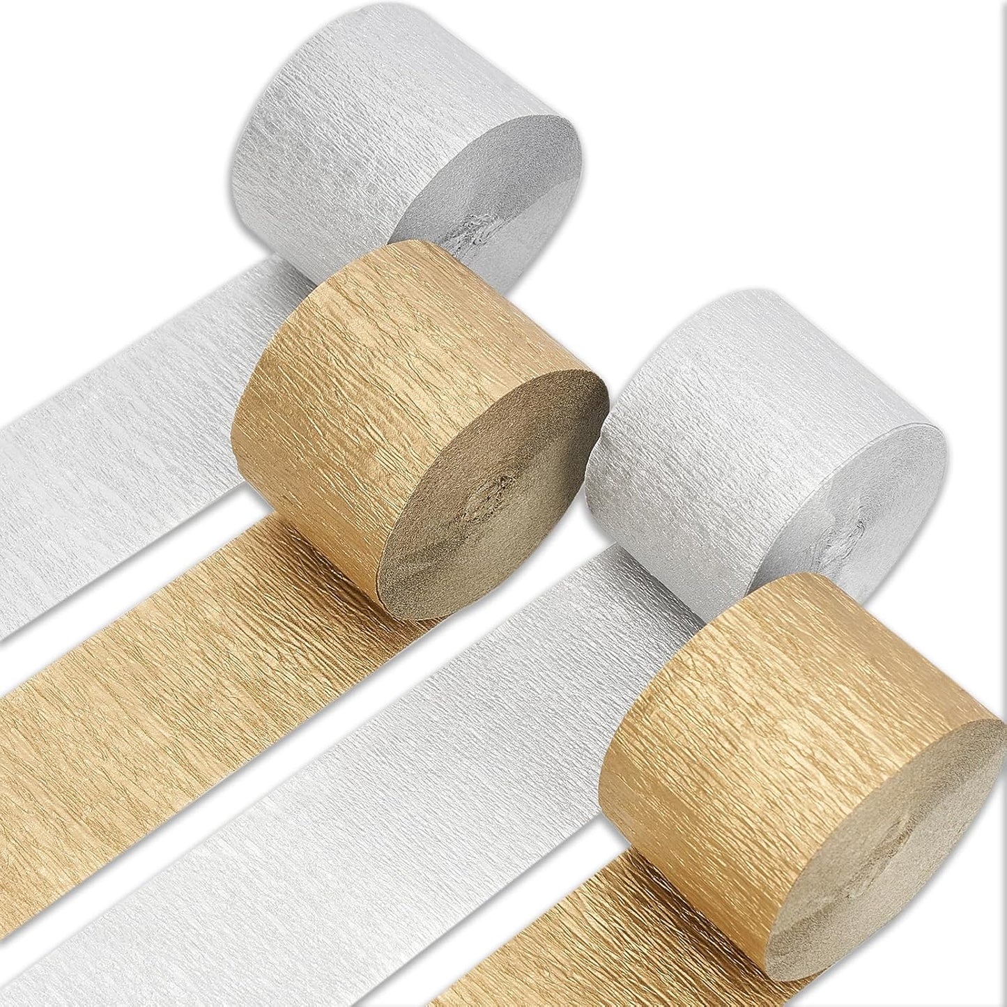 PartyWoo Metallic Gold and Silver Crepe Paper Streamers 4pcs 328ft Pack of Metallic Gold Silver Crepe Paper Streamers for Birthday Bridal Shower Engagement New Year Eve Graduation Party Decorations