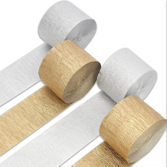 PartyWoo Metallic Gold and Silver Crepe Paper Streamers 4pcs 328ft Pack of Metallic Gold Silver Crepe Paper Streamers for Birthday Bridal Shower Engagement New Year Eve Graduation Party Decorations