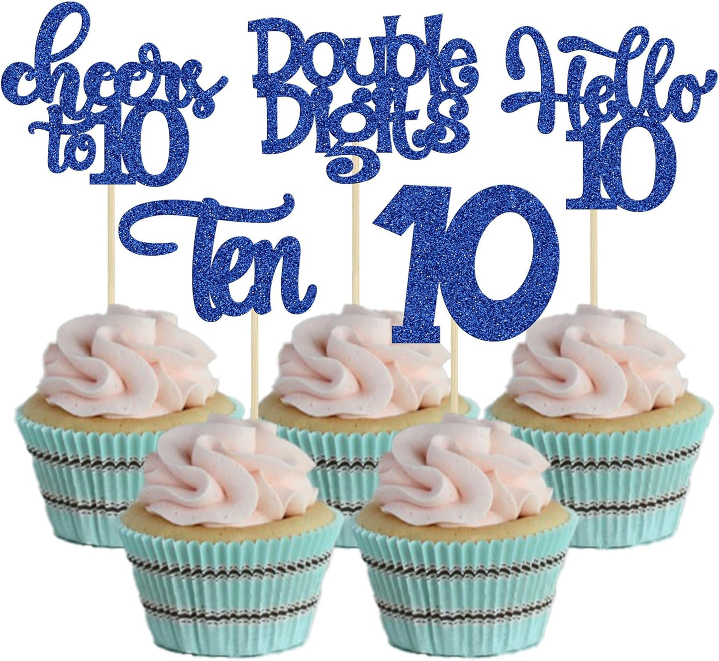 30Pcs 10th Birthday Cupcake Toppers Ten Double Hello 10 Cupcake Picks Cheers to 10 Years Old Cake Decorations for 10th Birthday Party Supplies Deep Blue Glitter