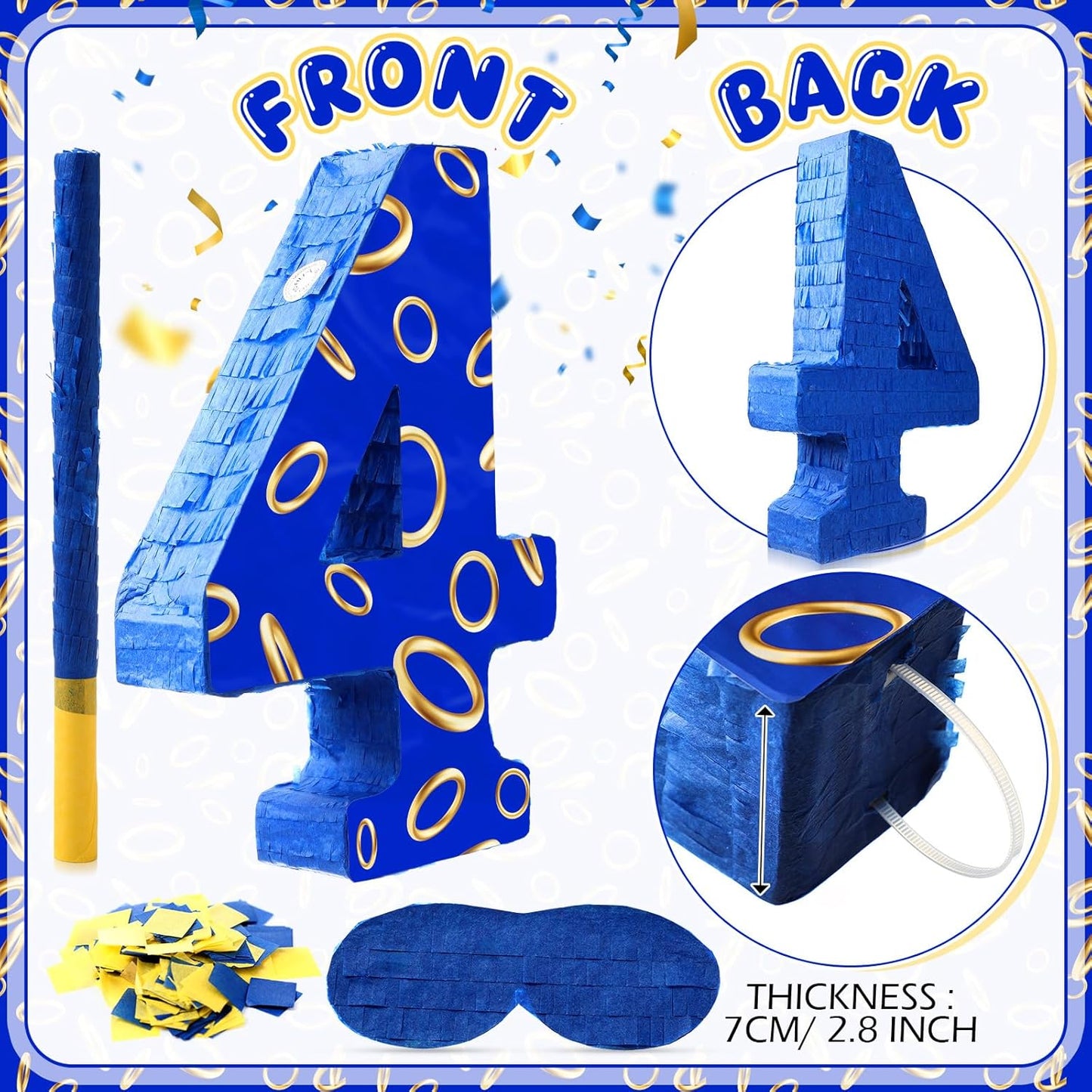 Number 4 Blue and Golden Rings Piñata for Kids Birthday Cartoon Theme Small Piñata with Blindfold Stick Confetti for Fiesta Cinco De Mayo Party Decor, 15.8 x 11 x 2.8 Inch