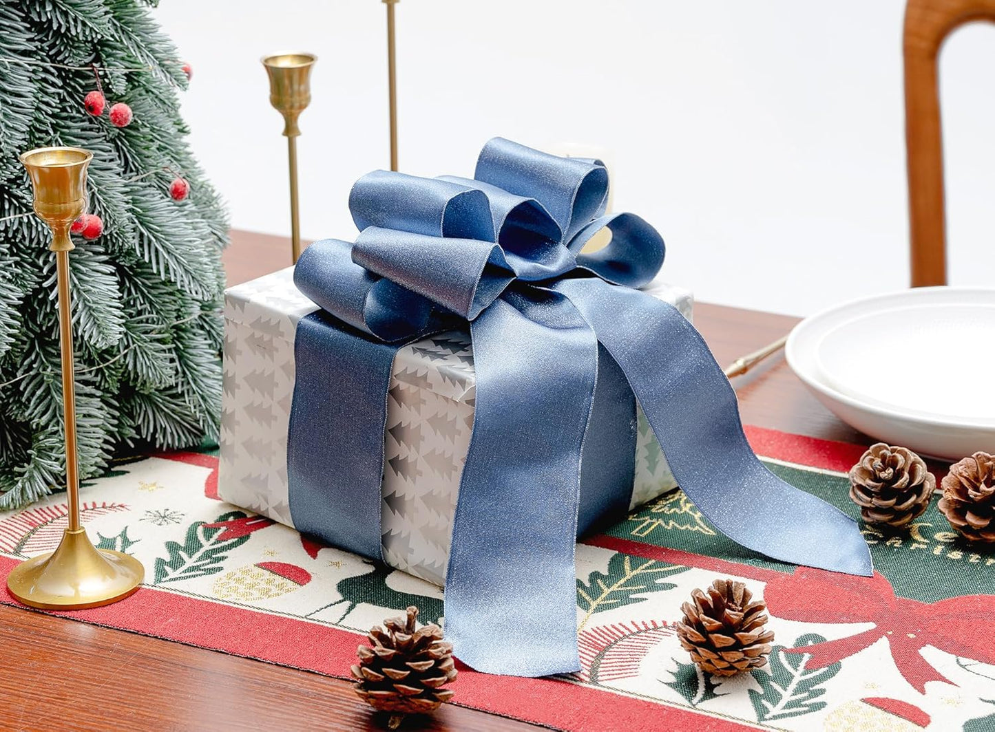 Dusty Blue Satin Wired Ribbon 2-1/2 Inch Double-Faced Sliver Glitter Christmas Ribbons for Wreath, Tree Decoration, Gift Wrapping, Home Decor 10 Yards