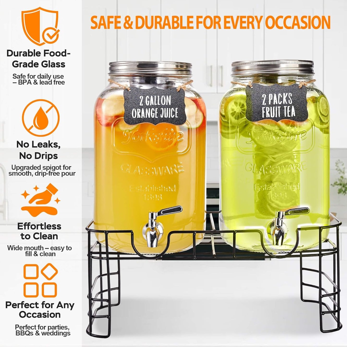 2 Gallon Glass Drink Dispenser for Parties, 2 Pack Beverage Dispenser with Stand, Lemonade Dispenser with 18/8 Stainless Steel Spigot, Leakproof for Sun Tea, Juice, Picnic, BBQ & Bars