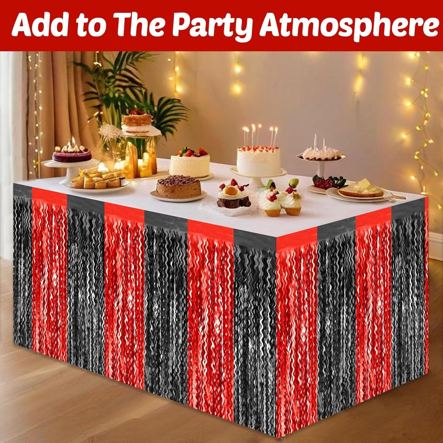 6 Pack 29x108 Inch Black Red Wave Foil Fringe Table Skirts Metallic Banner for Tinsel Streamer Garland Backdrop for Parade Floats Wedding, Mother's Day, Birthday Mardi Gras Party Decorations