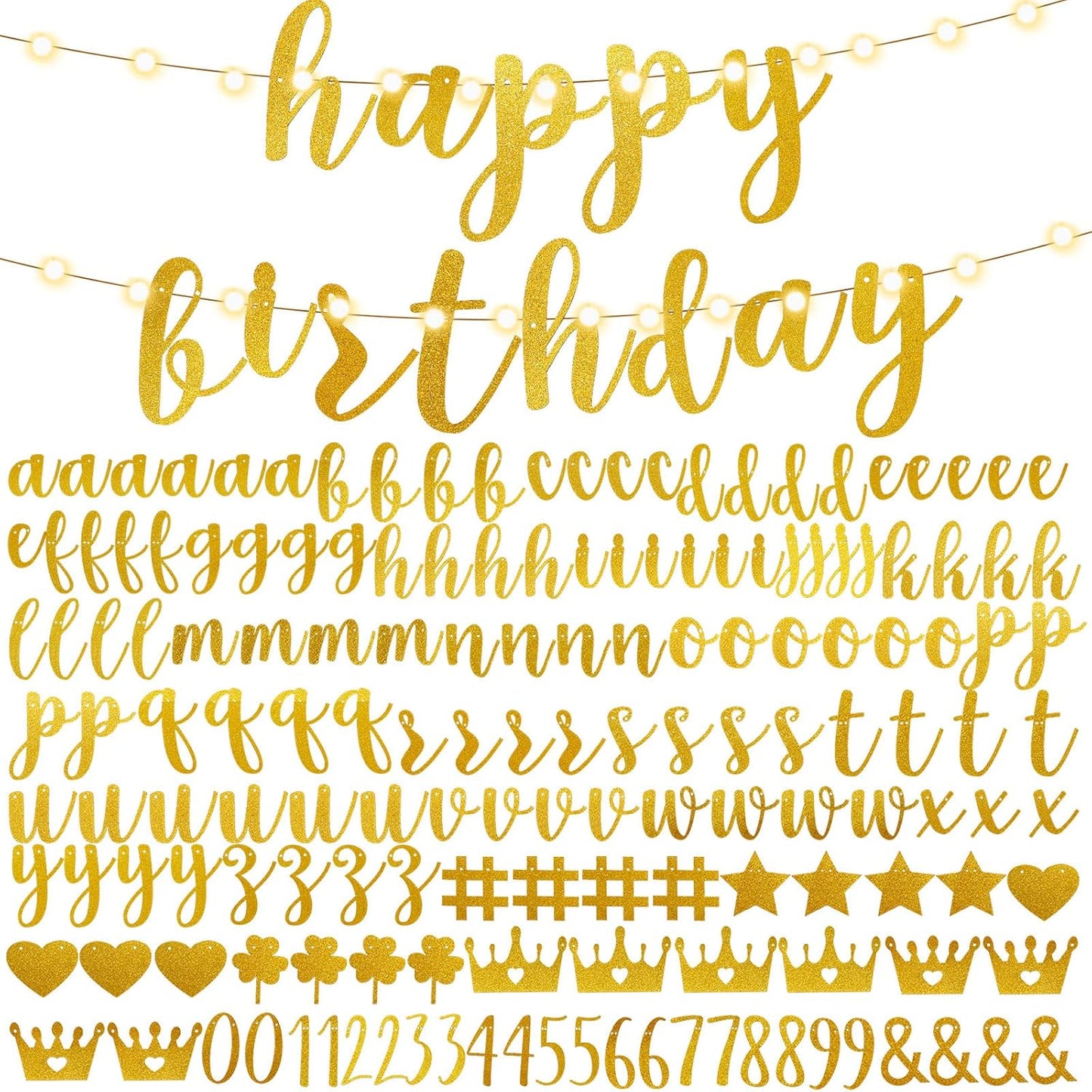 TaoBary 167 Pcs DIY Banner Kit Happy Birthday Glitter Banner Customizable Glitter Make Your Own Kit 162 Letters Symbols and Numbers 3 Rope for Birthday Halloween Wedding Christmas(Gold)