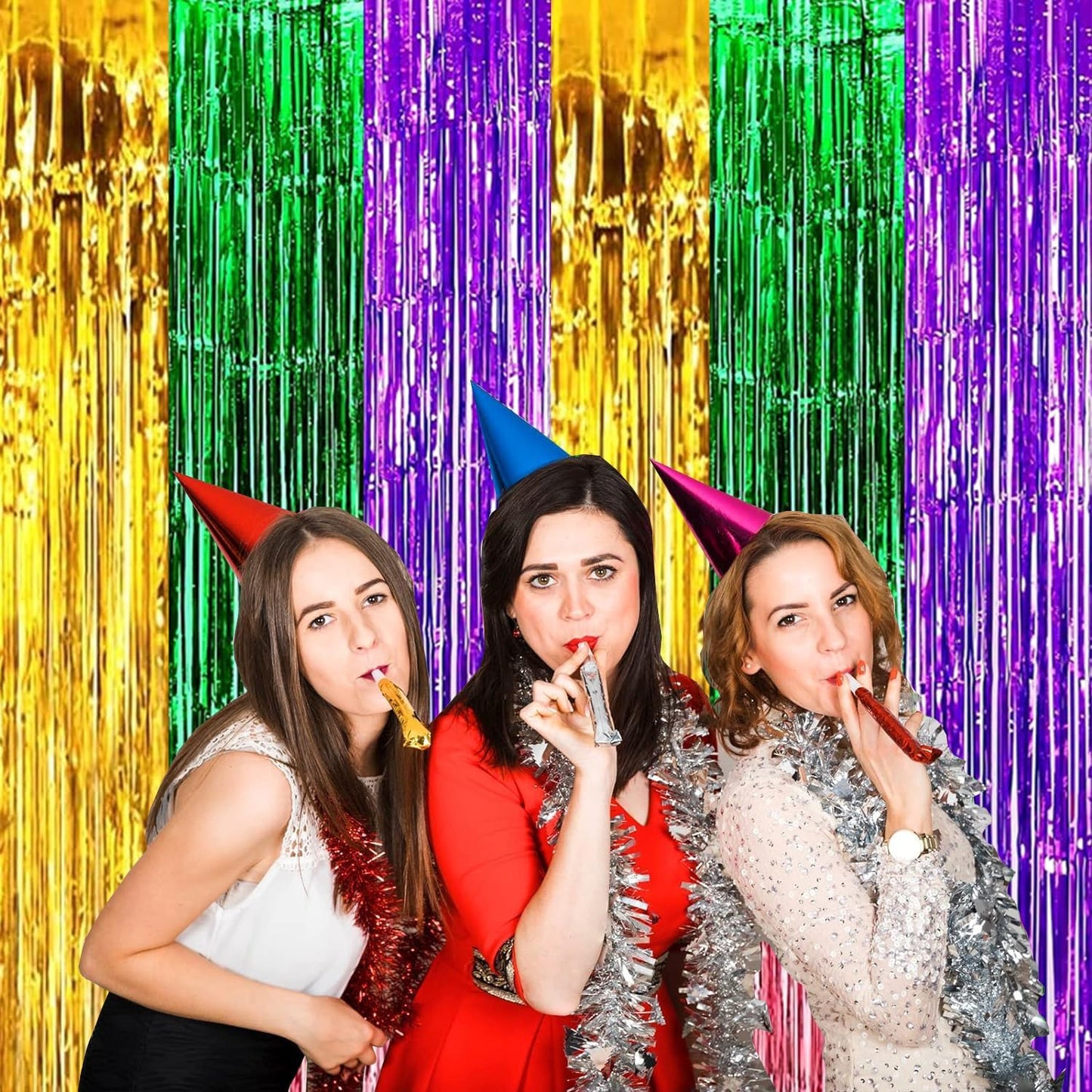 4P Metallic Foil Fringe Tinsel Table Skirts for Rectangle Tables Backdrop Banner Streamer Garland Curtains Parade Floats Wedding Graduation Anniversary Birthday Parties Decoration (Gold Green Purple)