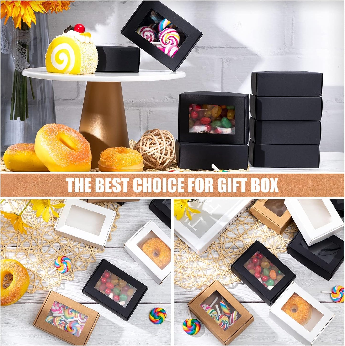 Zonon 30 Pcs Soap Boxes for Homemade Packaging, Mini Kraft Treat Boxes with Window for Bakery Candy Soap Making Gift Packaging(3.5 x 2.4 x 1.2 Inch,Black Brown White)