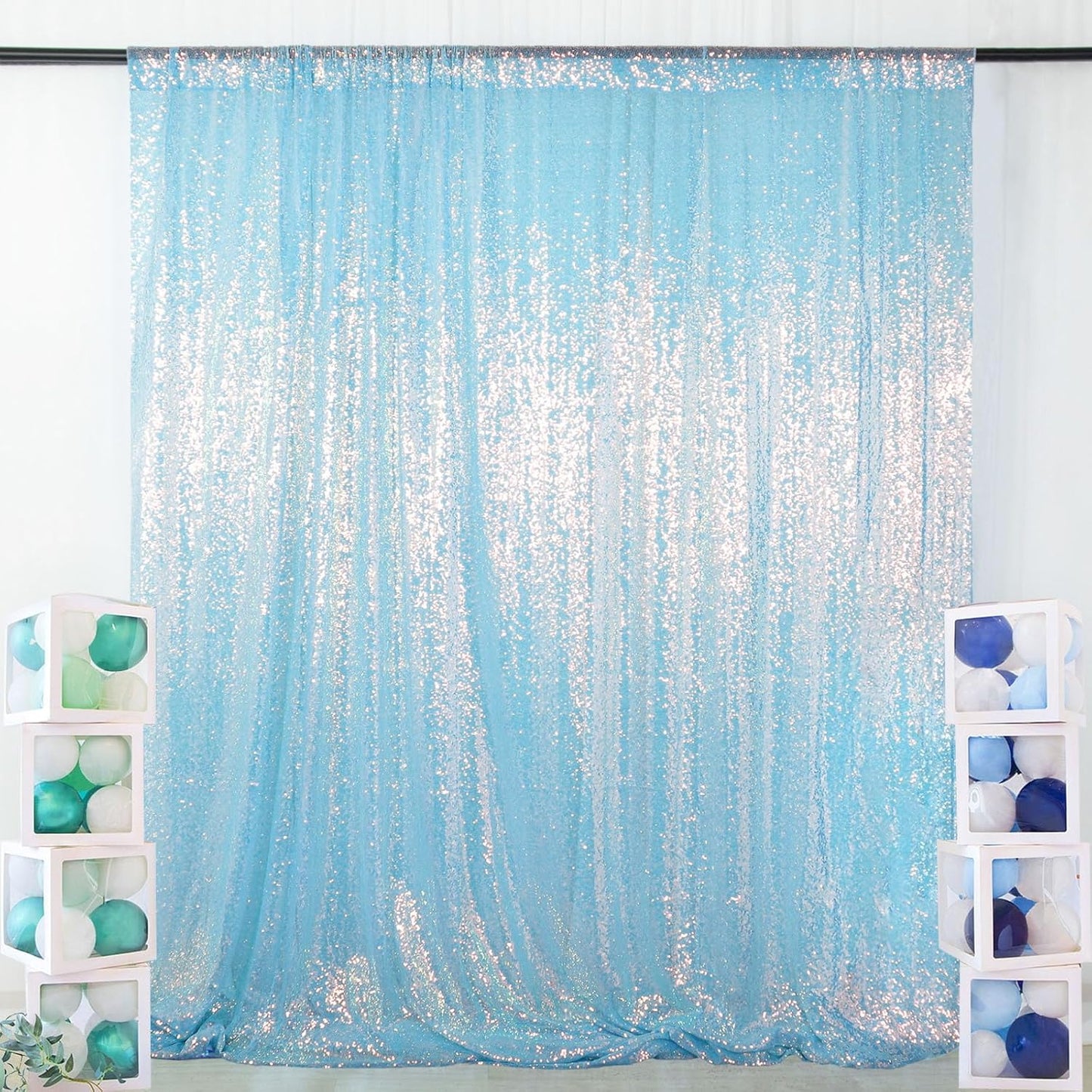 ShinyBeauty Iridescent Aqua Sequin Backdrop Curtain 5FTx10FT 2 Panels Photo Backdrops Blue Backdrop 10FT Sequin Fabric Curtains Christmas Studio Birthday Party Backgrounds