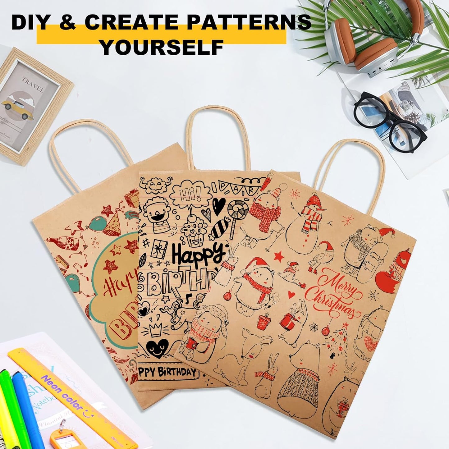 BAG BOX 100 Pcs Medium 8.25x4.3x10.6 Inch Brown Kraft Paper Gift Bags with Handles for Bulk Wedding, Party Favors, Grocery, Shopping, Retail Merchandise, Gift Sacks